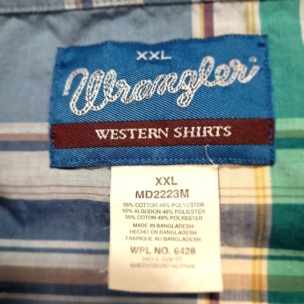 Wrangler Western Shirt XXL Plaid Snap Button Short‎ Sleeve Blue Green